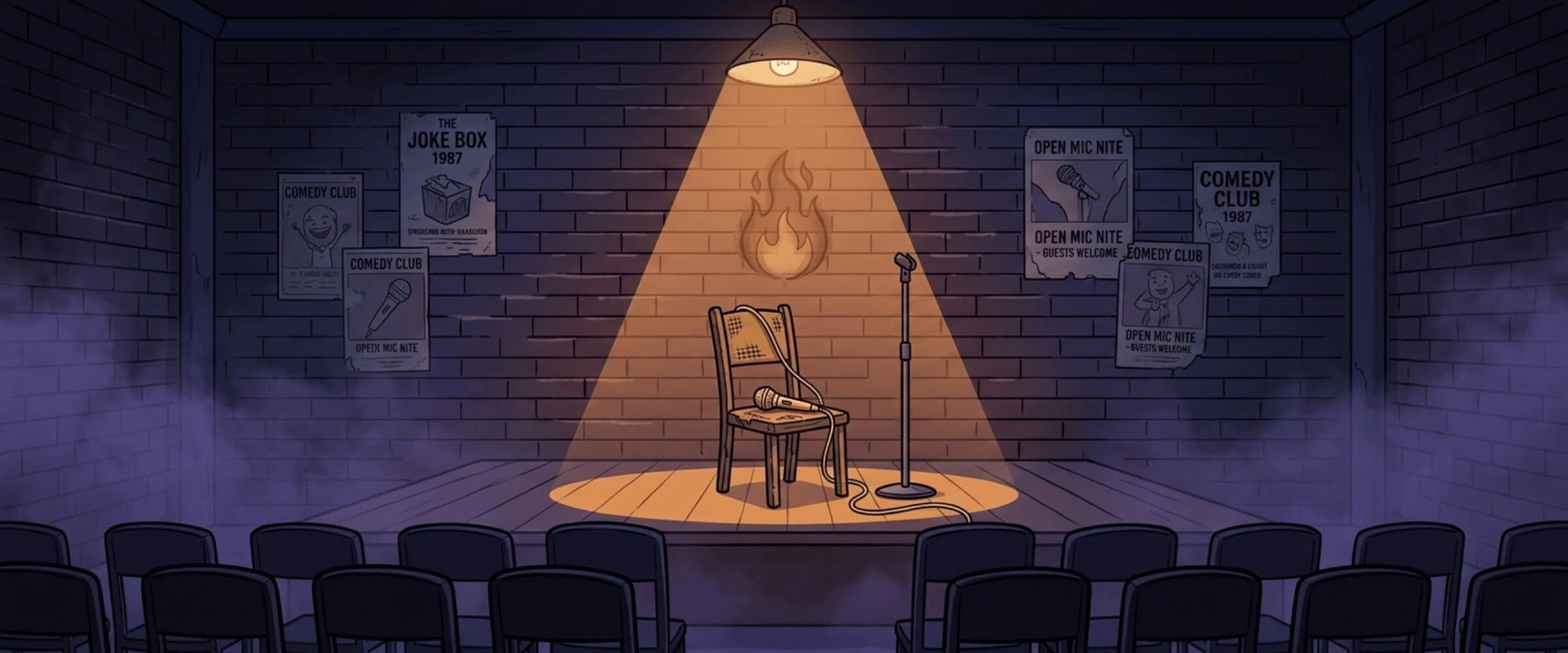 A dimly lit comedy club basement, 1987